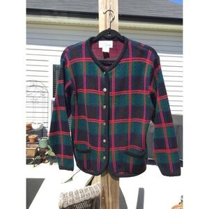 Vintage Tally Ho Womens Knit Cardigan L Large Red black Plaid Preppy Emo Twee